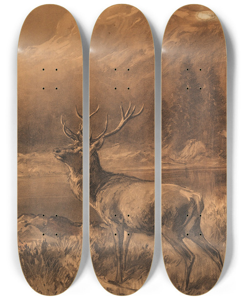 Triptych art skateboard deck of Franz Xaver Von Pausinger Hirsch Vor Gebirgslandschaft by Franz Xaver von Pausinger (1839-1915)