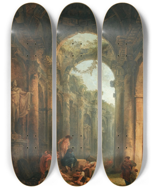Triptych art skateboard deck of Hubert Robert Classical Ruins With Soldiers Gambling by Hubert Robert (1733-1808)