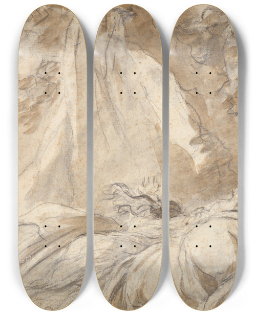 Triptych art skateboard deck of Jeanhonor Fragonard In Despair Olympia Throws Herself On The Bed Illustration For Canto X Verse 27 Of Lodovico Ariostos Orlandofurioso by Jean-Honor Fragonard (1732-1806)