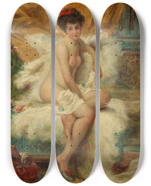 Triptych art skateboard deck of Hans Zatzka The Jewellery Box by Hans Zatzka (1859-1945)