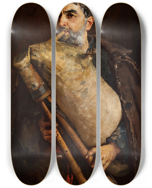 Triptych art skateboard deck of Pantaleon Szyndler Bagpipe Player by Pantaleon Szyndler (1846-1905)
