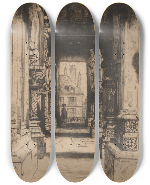 Triptych art skateboard deck of David Young Cameron Chartres by David Young Cameron (1865-1945)