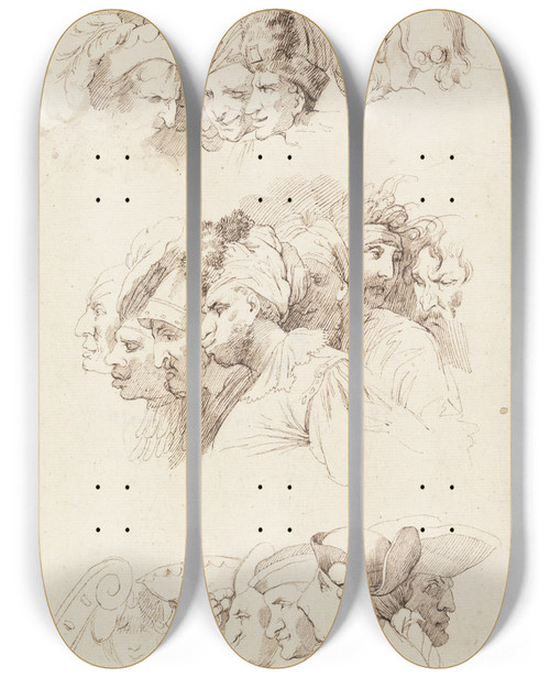 Triptych art skateboard deck of John Hamilton Mortimer Studies Of Groups Of Heads by John Hamilton Mortimer (1740-1779) Triptych art skateboard deck of John Hamilton Mortimer Studies Of Groups Of Heads by John Hamilton Mortimer (1740-1779)