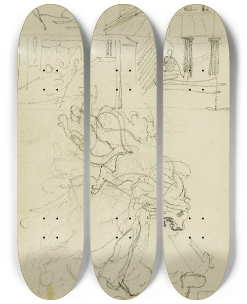 Triptych art skateboard deck of Thodore Gricault Two Compositional Studies Of A Lion Hunt_1 by Theodore Gericault (1791-1824)