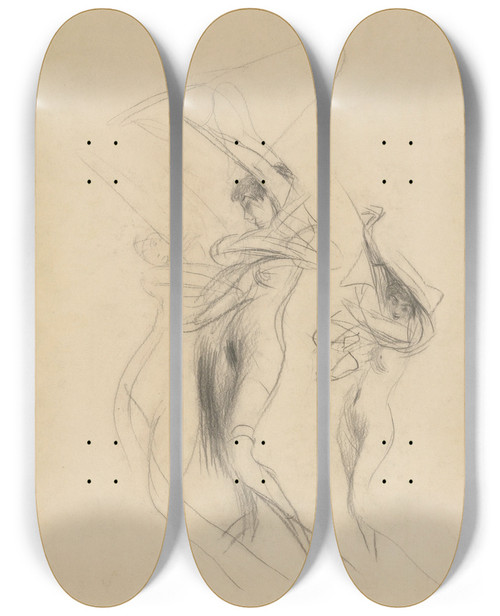 Triptych art skateboard deck of Giovanni Boldini Study Of Dancing Nudes by Giovanni Boldini (1842-1931)