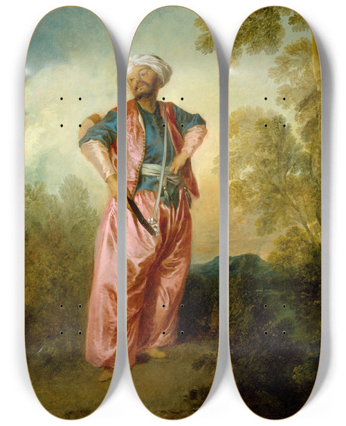 Triptych art skateboard deck of Nicolas Lancret The Amorous Turk by Nicolas Lancret (1690-1743)