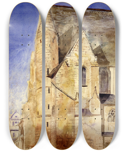 Triptych art skateboard deck of Cass Gilbert Old Church Tours France by Cass Gilbert (1859-1934)