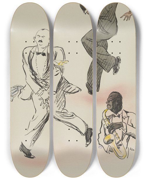 Triptych art skateboard deck of Georges Goursat Sem Deux Hommes Dont Un Esquiss Dansent Le Charleston by Georges Goursat (Sem) (1863-1934)