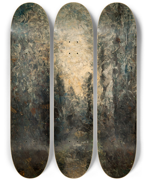 Triptych art skateboard deck of Per Ekstrm Sunlight Shimmering Through The Trees by Per Ekstrom (1844-1935)