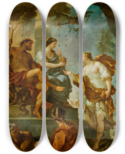 Triptych art skateboard deck of Charlesjoseph Natoire Psyche Obtaining The Elixir Of Beauty From Proserpine by Charles Joseph Natoire (1700-1777)