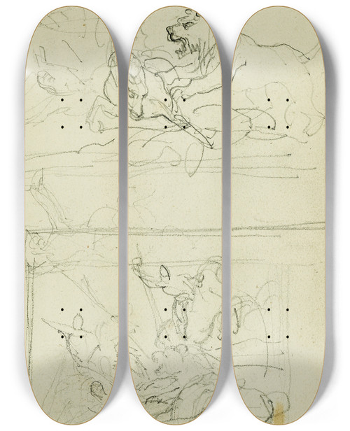 Triptych art skateboard deck of Thodore Gricault Two Compositional Studies Of A Lion Hunt_2 by Theodore Gericault (1791-1824)
