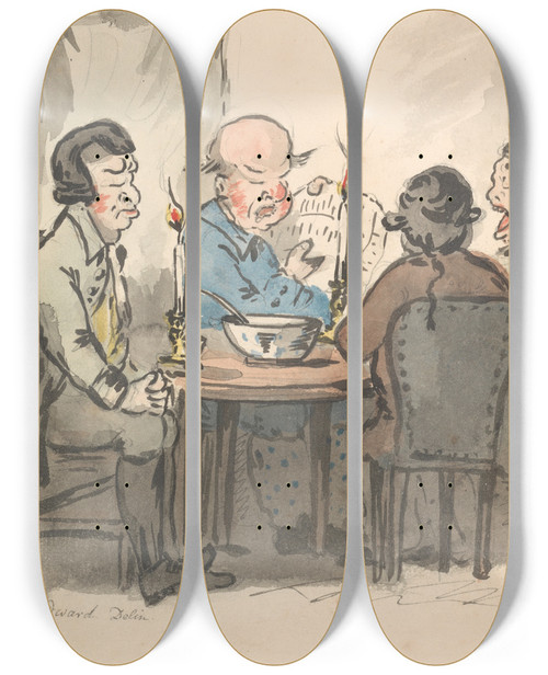 Triptych art skateboard deck of George Moutard Woodward The Public Orator by George Moutard Woodward (1765-1809)