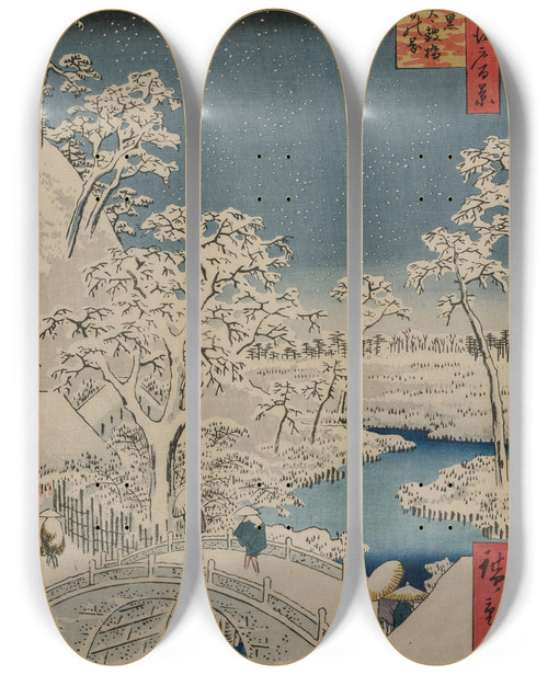 Triptych art skateboard deck of And Hiroshige Picture Of Twilight At The Drum Bridge In Meguro From The Series 100 Views Of Famous Places In Edo by Ando Hiroshige (1797-1858)