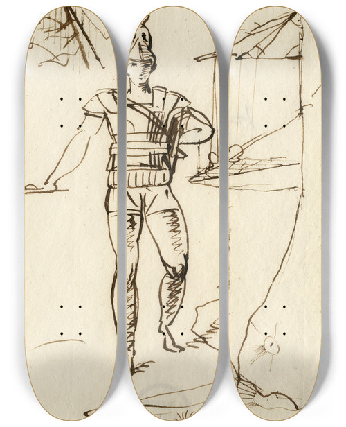 Triptych art skateboard deck of David Humbert De Superville Staande Krijger In Klassieke Wapenrusting Met Krabbels by David Humbert De Superville (1770-1849)