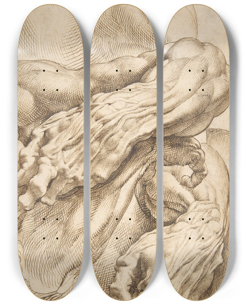 Triptych art skateboard deck of Peter Paul Rubens Anatomical Studies A Left Forearm In Two Positions And A Right Forearm by Peter Paul Rubens (1577-1640)
