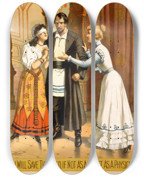 Triptych art skateboard deck of Strobridge Co Lith Edwin Ardens Romantic Play Zorah by Strobridge Co Lith (1847)