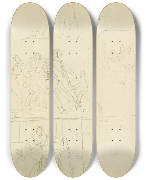 Triptych art skateboard deck of Thodore Gricault Four Compositional Studies For A Group Of Figures by Theodore Gericault (1791-1824)