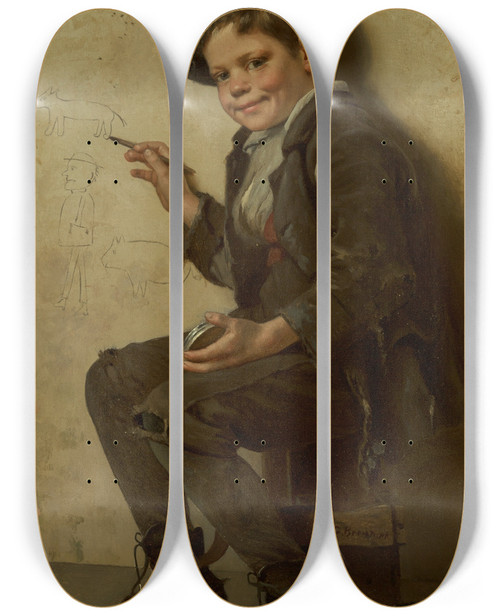 Triptych art skateboard deck of John George Brown The Young Artist by John George Brown (1831-1913)