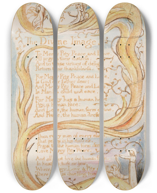 Triptych art skateboard deck of William Blake Pl 9 The Divine Image by William Blake (1757-1827)