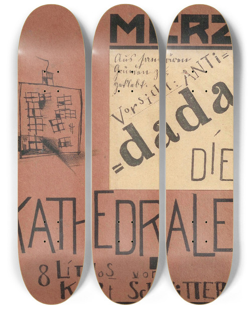Triptych art skateboard deck of Kurt Schwitters Die Kathedrale Die Silbergule by Kurt Schwitters (1887-1948)
