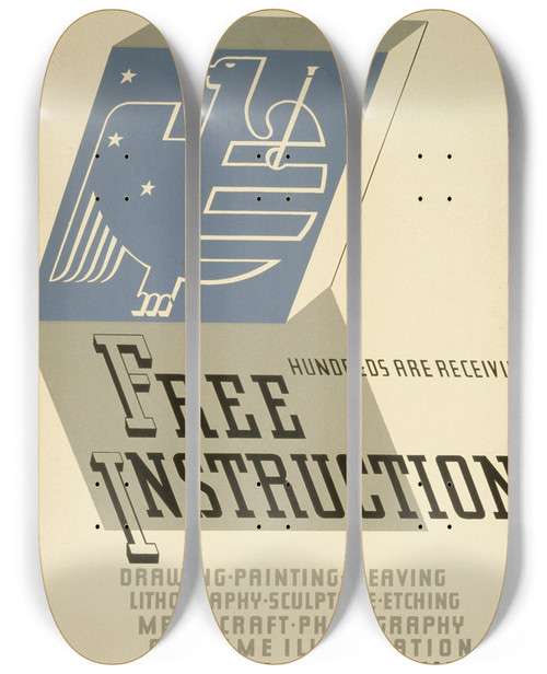 Triptych art skateboard deck of Jerome Henry Rothstein Hundreds Are Receiving Free Instruction by Jerome Henry Rothstein (1918-2008)