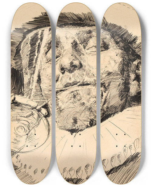 Triptych art skateboard deck of Antonio Casanova Y Estorach Cavalier Drinking by Antonio Casanova Y Estorach (1847-1896)