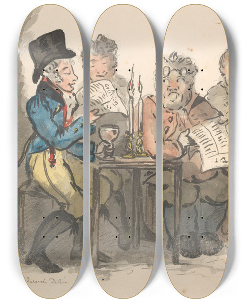 Triptych art skateboard deck of George Moutard Woodward The Private Declaimer by George Moutard Woodward (1765-1809)