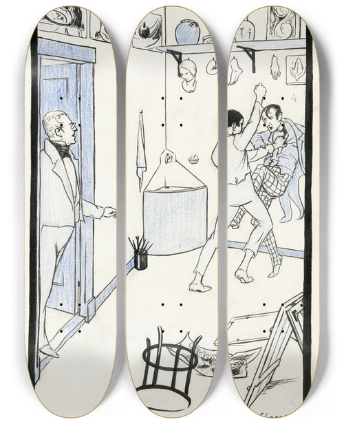 Triptych art skateboard deck of Anny Leusink Vechtende Hein In Een Tekenlokaal by Anny Leusink (1889)