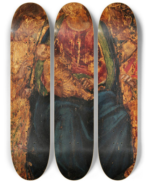 Triptych art skateboard deck of Luca Signorelli Virgin And Child With The Archangel Gabriel And An Unidentified Saint by Luca Signorelli (1470-1523)
