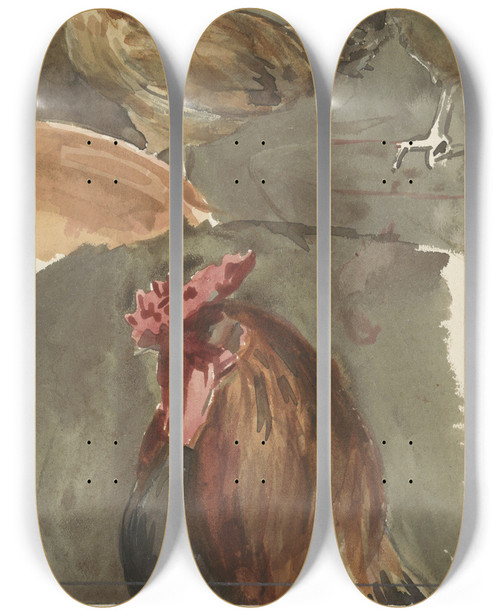 Triptych art skateboard deck of Jan Veth Haan Met Kippen by Jan Veth (1864-1925)