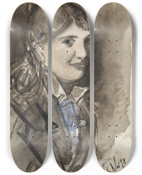 Triptych art skateboard deck of Jan Van Essen Portret Van Treesje Muller by Jan Van Essen (1854-1936)