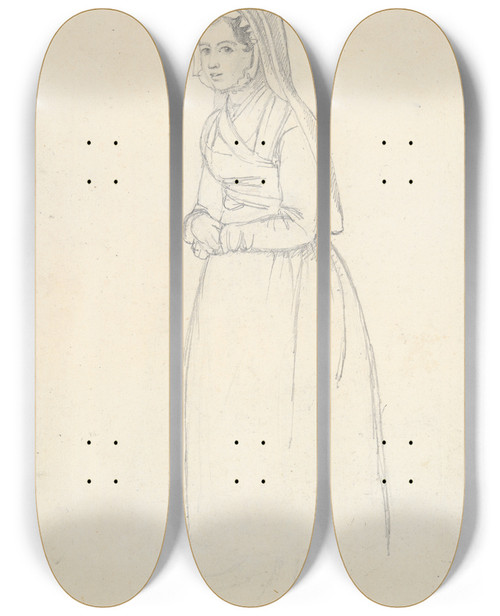 Triptych art skateboard deck of Paul Gavarni Woman In Peasant Costume by Paul Gavarni (1804-1866)