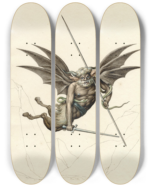 Triptych art skateboard deck of David Humbert De Superville Winged Devil From A Fresco In The Camposanto At Pisa by David Humbert De Superville (1770-1849)