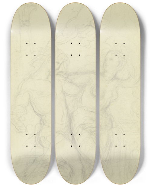 Triptych art skateboard deck of Victor Mller Mnnlicher Und Weiblicher Halbakt In Antikischer Umgebung Darber Schwebend Ein Harfe Spielender Putto by Victor Muller (1829-1871)