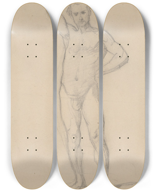 Triptych art skateboard deck of Jzef Simmler Nude Sketch To The High Priest To The Painting Martyrdom Of St Matthias by Jozef Simmler (1823-1868)