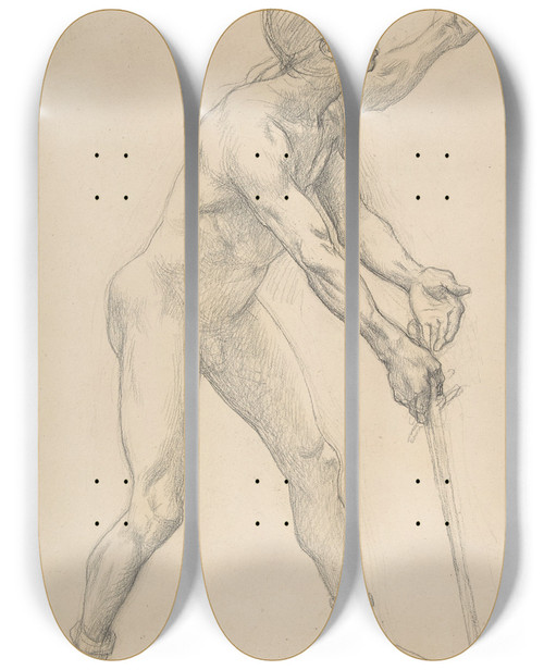 Triptych art skateboard deck of Alexandre Cabanel Nude Male Figure With A Sword by Alexandre Cabanel (1823-1889)