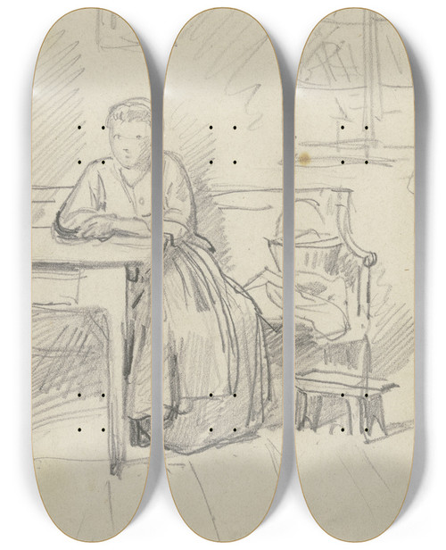 Triptych art skateboard deck of Philipp Rumpf Woman Sitting At A Table by Philipp Rumpf (1821-1896)
