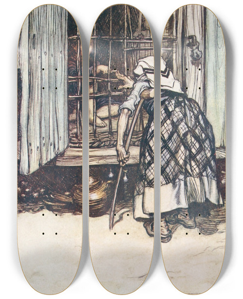Triptych art skateboard deck of Arthur Rackham Hansel Put Out A Knucklebone And The Old Woman Whose Eyes Were Dim Could Not See And Thought It Was His Finger by Arthur Rackham (1867-1939)