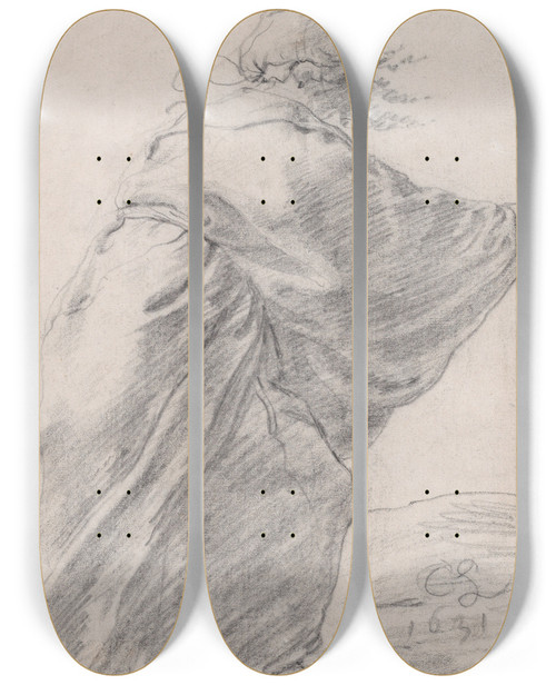 Triptych art skateboard deck of Cornelis Saftleven A Wildhaired Robed Woman Rushing To The Right Seen From Behind by Cornelis Saftleven (1607-1681)