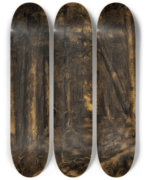 Triptych art skateboard deck of Edward Mitchell Bannister Landscape With Path Through Forest by Edward Mitchell Bannister (1828-1901)