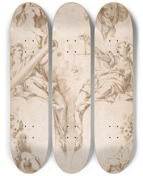 Triptych art skateboard deck of Hans Speckaert Fortitude And Justice by Hans Speckaert (1540-1577)