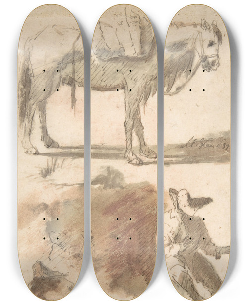 Triptych art skateboard deck of Domenico Gargiulo Sheet Of Studies A Horse Above A Seated Man And A Reclining Man Below by Domenico Gargiulo (1609-1675)