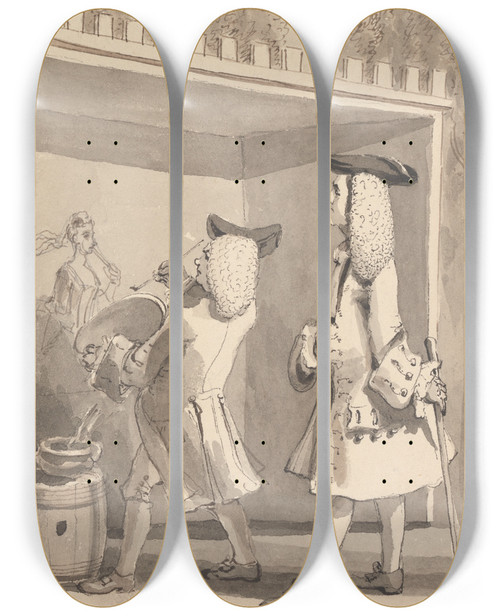 Triptych art skateboard deck of John Thomas Smith Hogarth Painting In Vauxhall Gardens In The Presence Of Jonathan Tyers by John Thomas Smith (1766-1833)