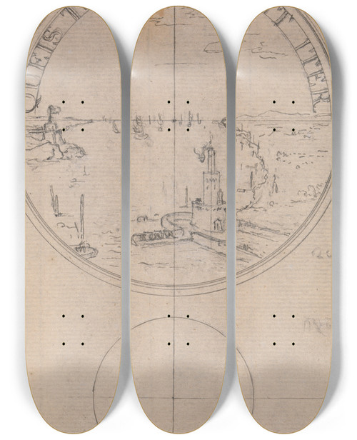 Triptych art skateboard deck of Hubertfranois Gravelot Design For A Coin Queis Tutum Faciant Iter by Hubert-Franois Gravelot (1699-1773)