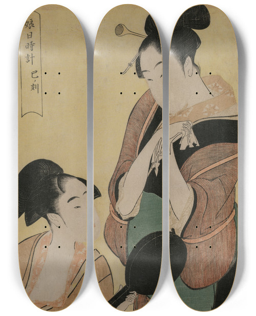 Triptych art skateboard deck of Kitagawa Utamaro The Hour Of The Snake From The Series A Clock For Young Women by Kitagawa Utamaro (1753-1806)