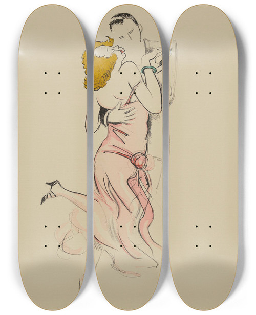 Triptych art skateboard deck of Georges Goursat Sem Couple Dansant by Georges Goursat (Sem) (1863-1934)