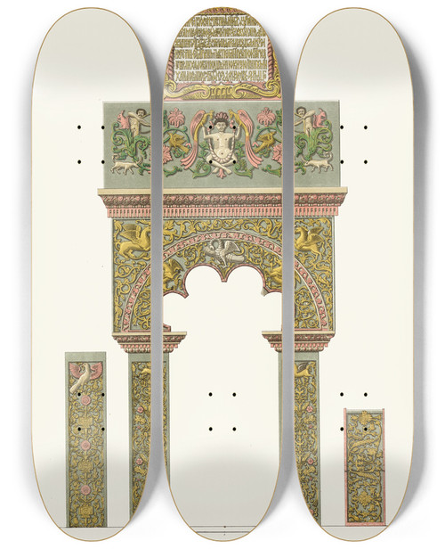 Triptych art skateboard deck of Fedor Grigoryevich Solntsev Dveri Teremnago Dvortsa So Storony Tserkvi Spasa Za Zolotoiu Reshetkoiu by Fedor Grigoryevich Solntsev (1801-1892)