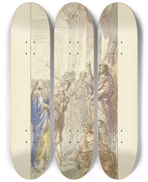 Triptych art skateboard deck of Elias Van Nijmegen Izak En Rebekka Voor Abimelech by Elias Van Nijmegen (1667-1755)