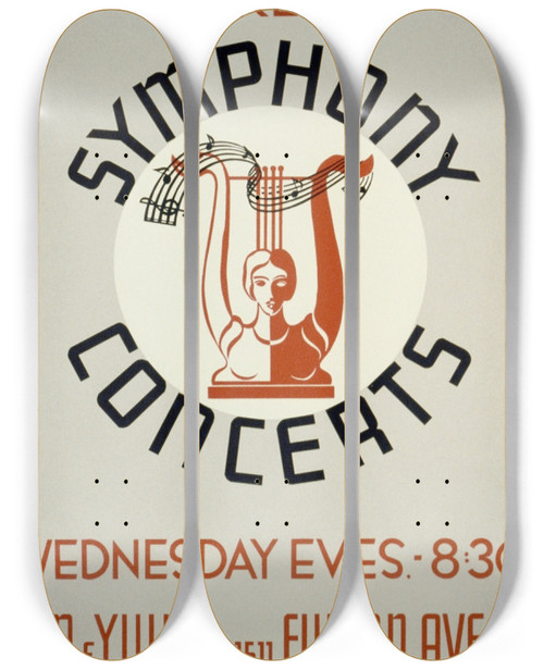 Triptych art skateboard deck of Jerome Henry Rothstein Free Symphony Concerts by Jerome Henry Rothstein (1918-2008)