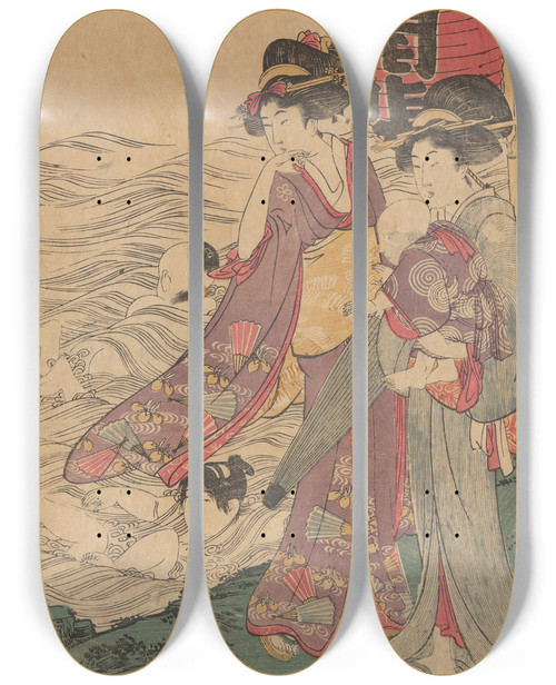 Triptych art skateboard deck of Kitagawa Utamaro Two Women With Children At The Seashore by Kitagawa Utamaro (1753-1806)